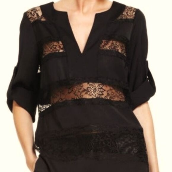 BCBGMaxAzria Black Satin and Lace Blouse - Picture 1 of 7